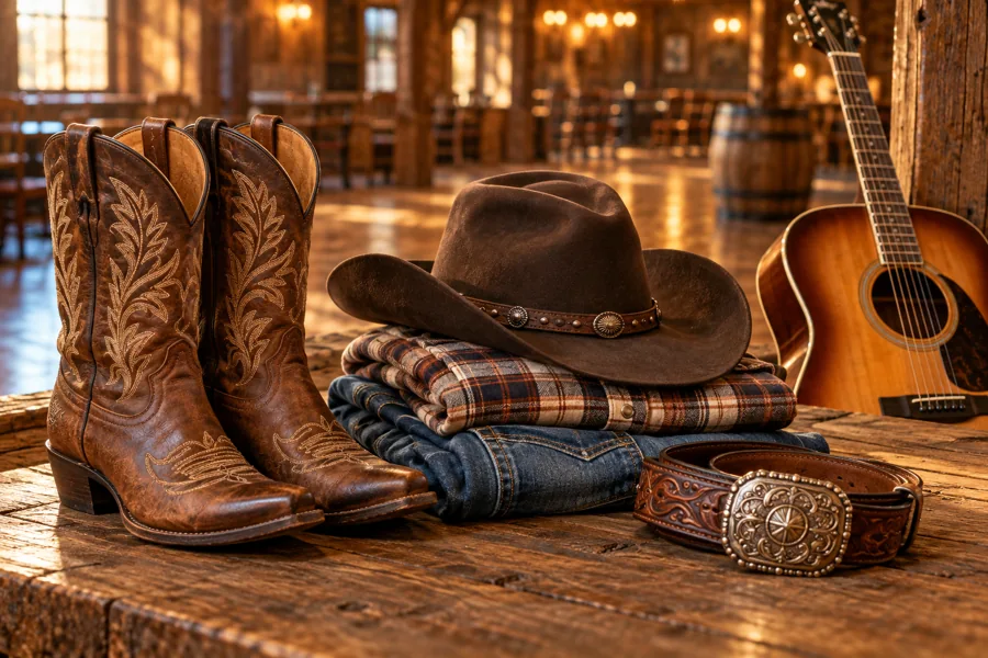 Stivali, cappello, abbigliamento, cintura e chitarra country