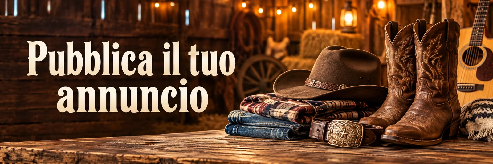 Pubblica il tuo annuncio: stivali, cappello, abbigliamento country, cintura e chitarra