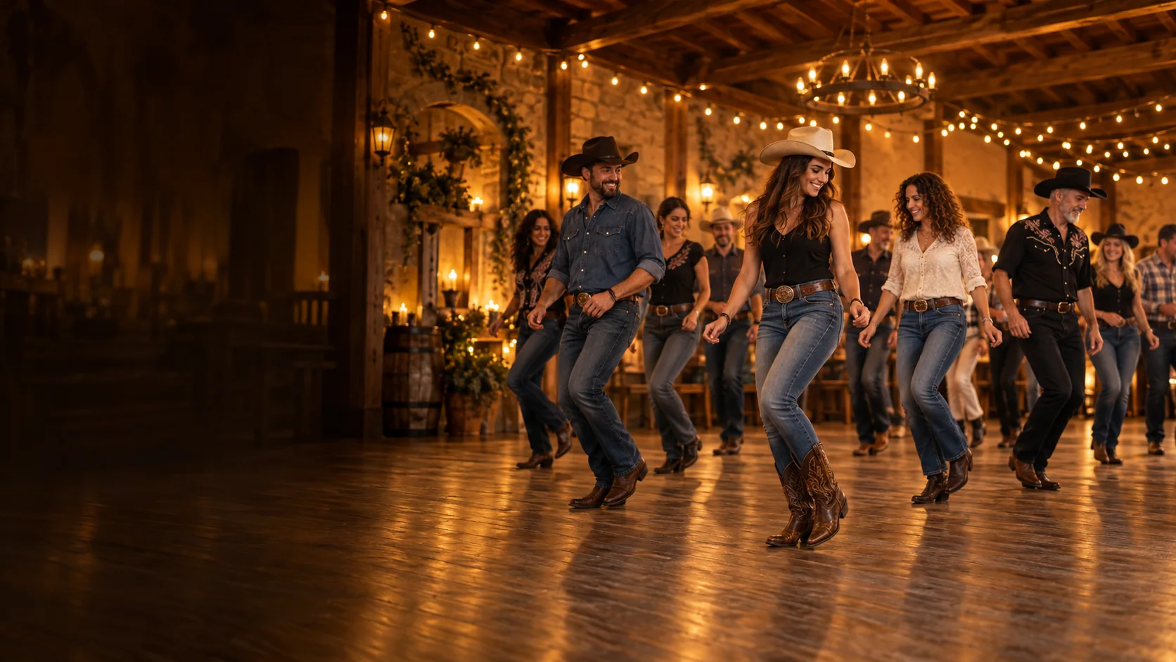 Gruppo di adulti che balla una line dance country in una sala con luci calde